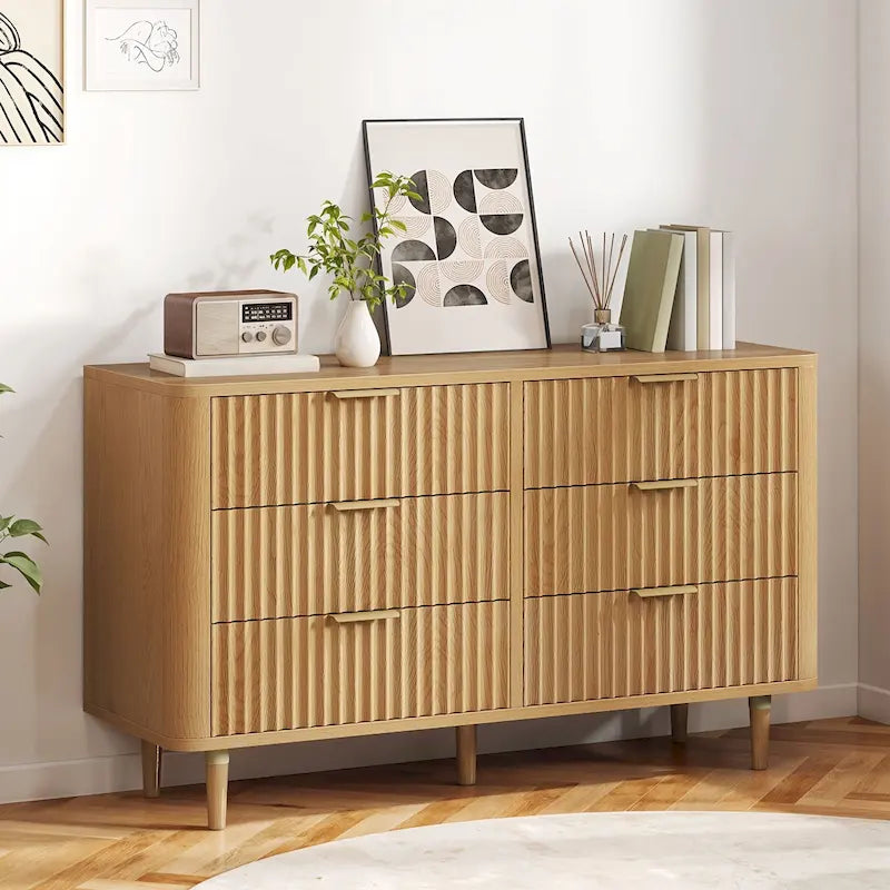 6 Drawer Dresser Wood Storage Dresser Organizer with Waveform Fluted Panel
