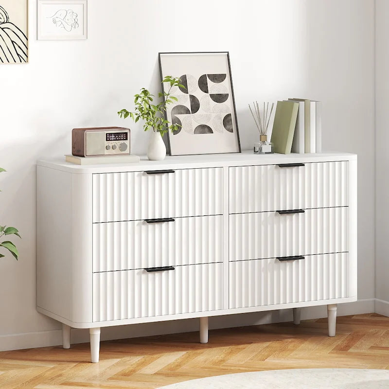 6 Drawer Dresser Wood Storage Dresser Organizer with Waveform Fluted Panel