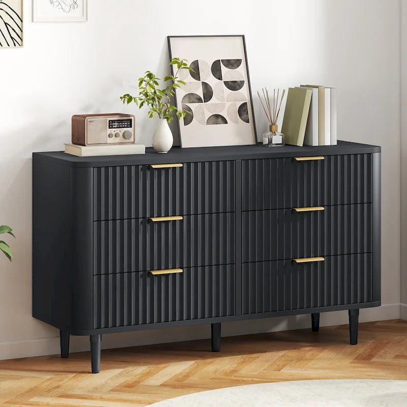 6 Drawer Dresser Wood Storage Dresser Organizer with Waveform Fluted Panel