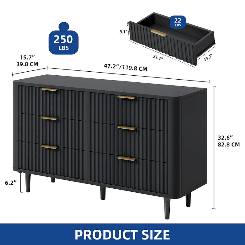 6 Drawer Dresser Wood Storage Dresser Organizer with Waveform Fluted Panel