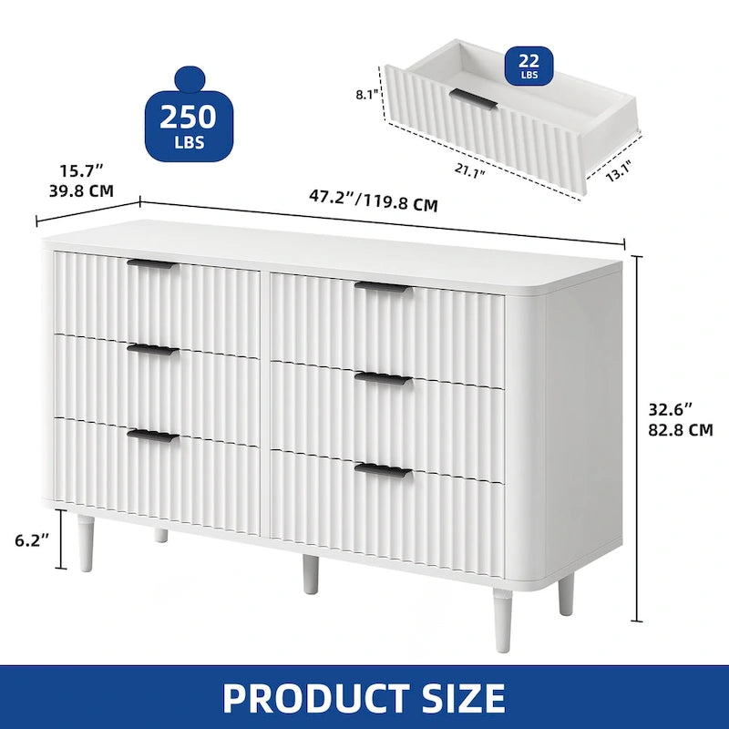 6 Drawer Dresser Wood Storage Dresser Organizer with Waveform Fluted Panel