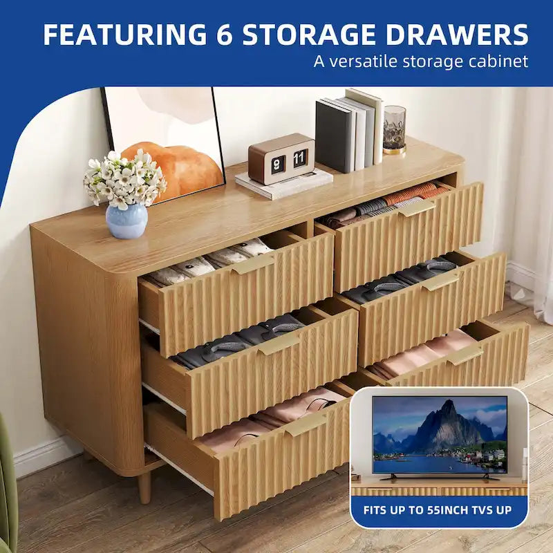 6 Drawer Dresser Wood Storage Dresser Organizer with Waveform Fluted Panel