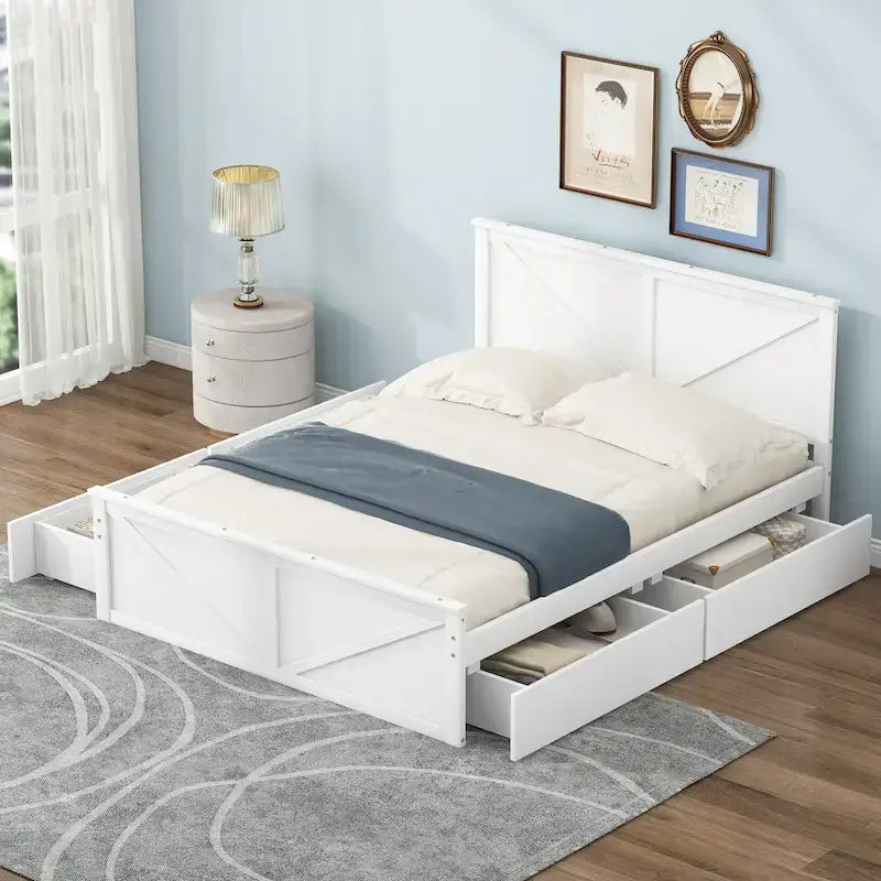 Antique White Queen Size Wooden Platform Bed with Four Storage Drawers