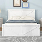 Antique White Queen Wooden Platform Bed with 4 Under-Bed Storage Drawers