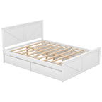 Antique White Queen Wooden Platform Bed with 4 Under-Bed Storage Drawers