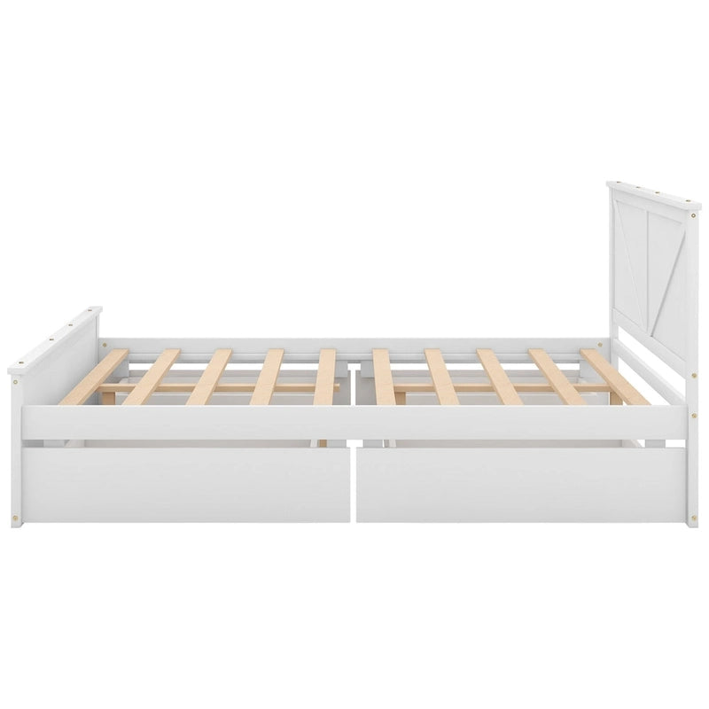 Antique White Queen Size Wooden Platform Bed with Four Storage Drawers