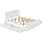 Antique White Queen Wooden Platform Bed with 4 Under-Bed Storage Drawers