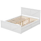 Antique White Queen Wooden Platform Bed with 4 Under-Bed Storage Drawers