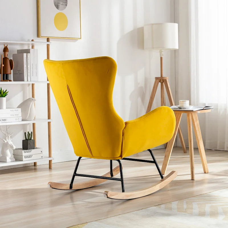 Yellow Modern 33.1 High Back Upholstered Rocking Chair with Rubber Wood Legs and Metal Frame