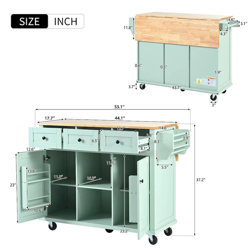 Kitchen Island Cart on 5 Wheels, Breakfast Bar Cabinet, Rolling Kitchen Island with Drop Leaf, 3 Drawers & Removable Shelves