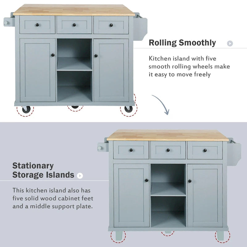 Kitchen Island Cart on 5 Wheels, Breakfast Bar Cabinet, Rolling Kitchen Island with Drop Leaf, 3 Drawers & Removable Shelves