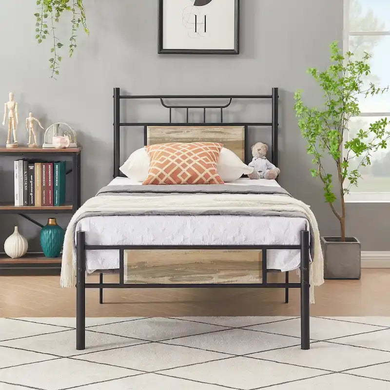 Industrial Metal Bed Frame with Wood Panel Headboard
