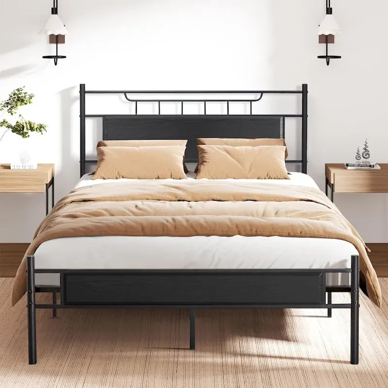 Industrial Metal Bed Frame with Wood Panel Headboard