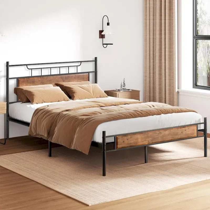 Industrial Bed Frame with Wood Headboard,Twin/Full/Queen Size Bed, Black/Brown/Slate-3 colors