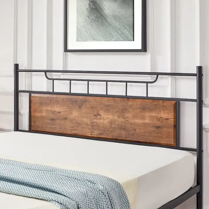 Industrial Bed Frame with Wood Headboard,Twin/Full/Queen Size Bed, Black/Brown/Slate-3 colors