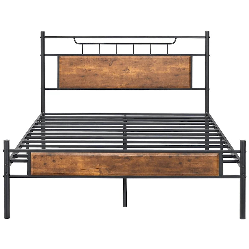 Industrial Bed Frame with Wood Headboard,Twin/Full/Queen Size Bed, Black/Brown/Slate-3 colors