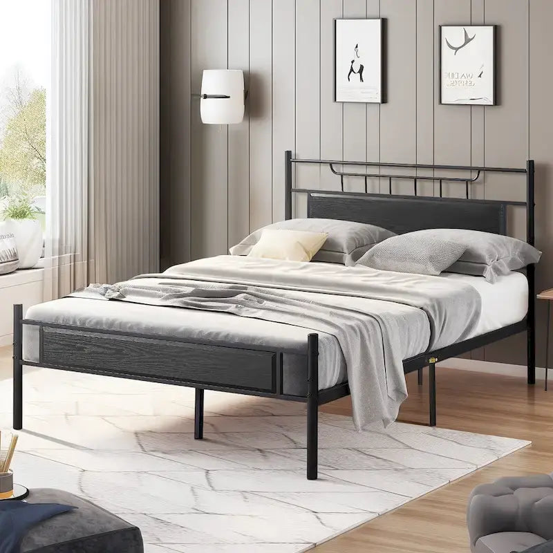 Industrial Bed Frame with Wood Headboard,Twin/Full/Queen Size Bed, Black/Brown/Slate-3 colors