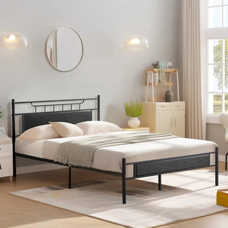 Industrial Bed Frame with Wood Headboard,Twin/Full/Queen Size Bed, Black/Brown/Slate-3 colors