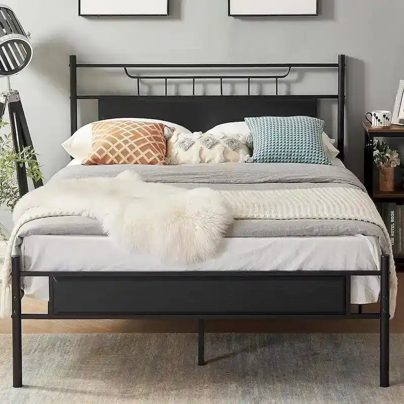 Industrial Bed Frame with Wood Headboard,Twin/Full/Queen Size Bed, Black/Brown/Slate-3 colors