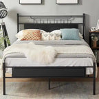 Estrutura de Cama Industrial em Metal com Cabeceira em Painel de Madeira