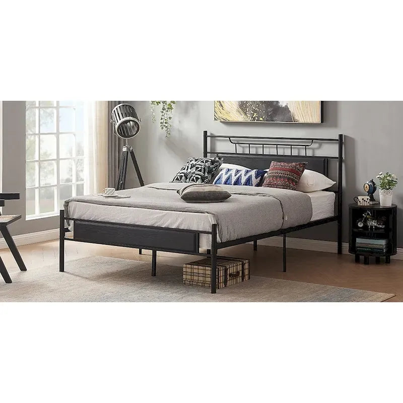 Industrial Bed Frame with Wood Headboard,Twin/Full/Queen Size Bed, Black/Brown/Slate-3 colors