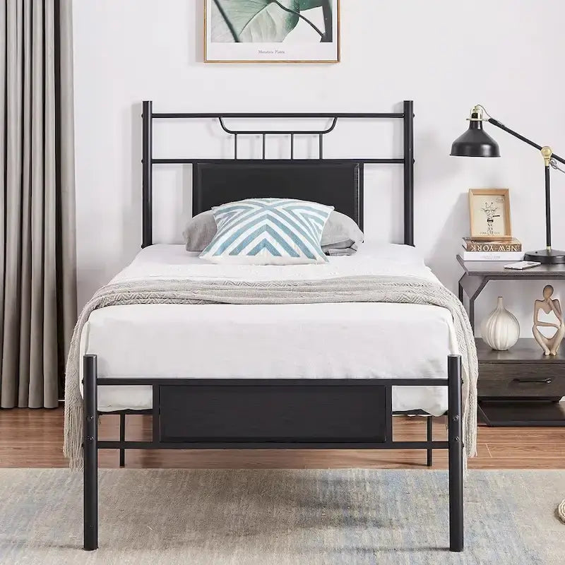 Industrial Bed Frame with Wood Headboard,Twin/Full/Queen Size Bed, Black/Brown/Slate-3 colors