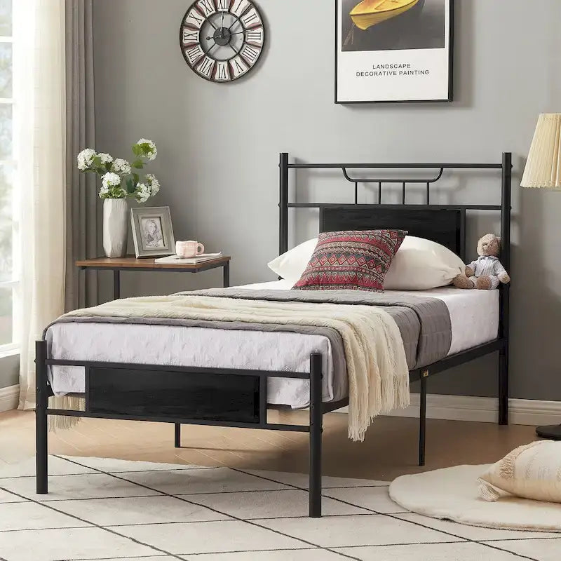 Industrial Bed Frame with Wood Headboard,Twin/Full/Queen Size Bed, Black/Brown/Slate-3 colors