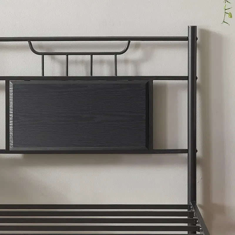 Industrial Bed Frame with Wood Headboard,Twin/Full/Queen Size Bed, Black/Brown/Slate-3 colors