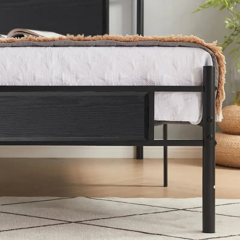 Industrial Bed Frame with Wood Headboard,Twin/Full/Queen Size Bed, Black/Brown/Slate-3 colors