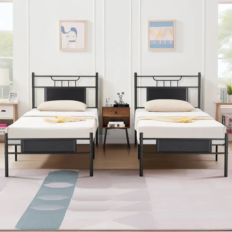 Industrial Bed Frame with Wood Headboard,Twin/Full/Queen Size Bed, Black/Brown/Slate-3 colors