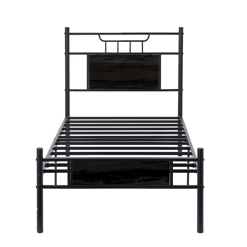 Industrial Bed Frame with Wood Headboard,Twin/Full/Queen Size Bed, Black/Brown/Slate-3 colors