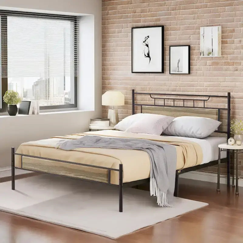 Industrial Bed Frame with Wood Headboard,Twin/Full/Queen Size Bed, Black/Brown/Slate-3 colors