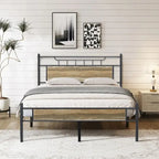 Estrutura de Cama Industrial em Metal com Cabeceira em Painel de Madeira