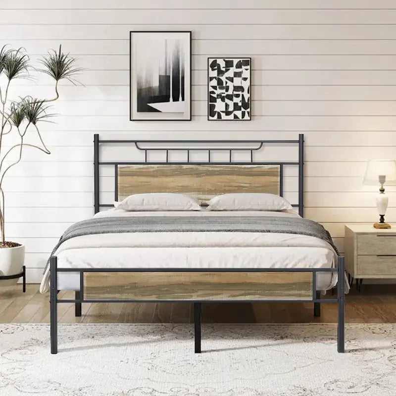 Industrial Bed Frame with Wood Headboard,Twin/Full/Queen Size Bed, Black/Brown/Slate-3 colors