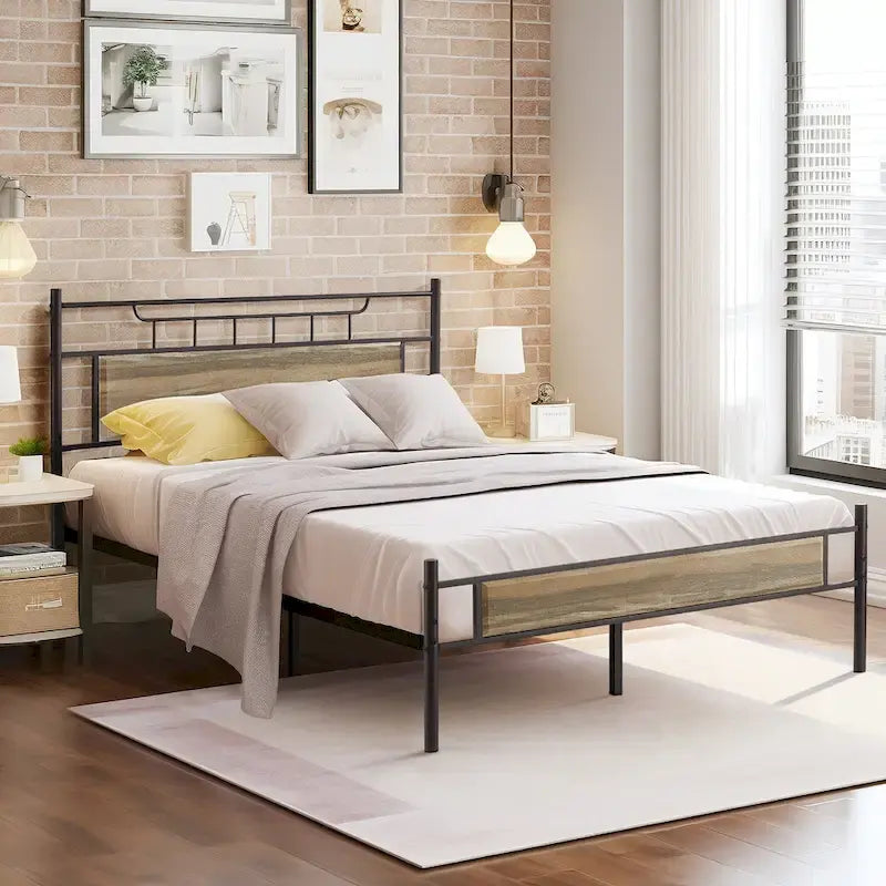 Industrial Bed Frame with Wood Headboard,Twin/Full/Queen Size Bed, Black/Brown/Slate-3 colors