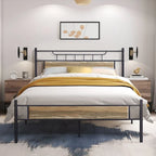 Estrutura de Cama Industrial em Metal com Cabeceira em Painel de Madeira