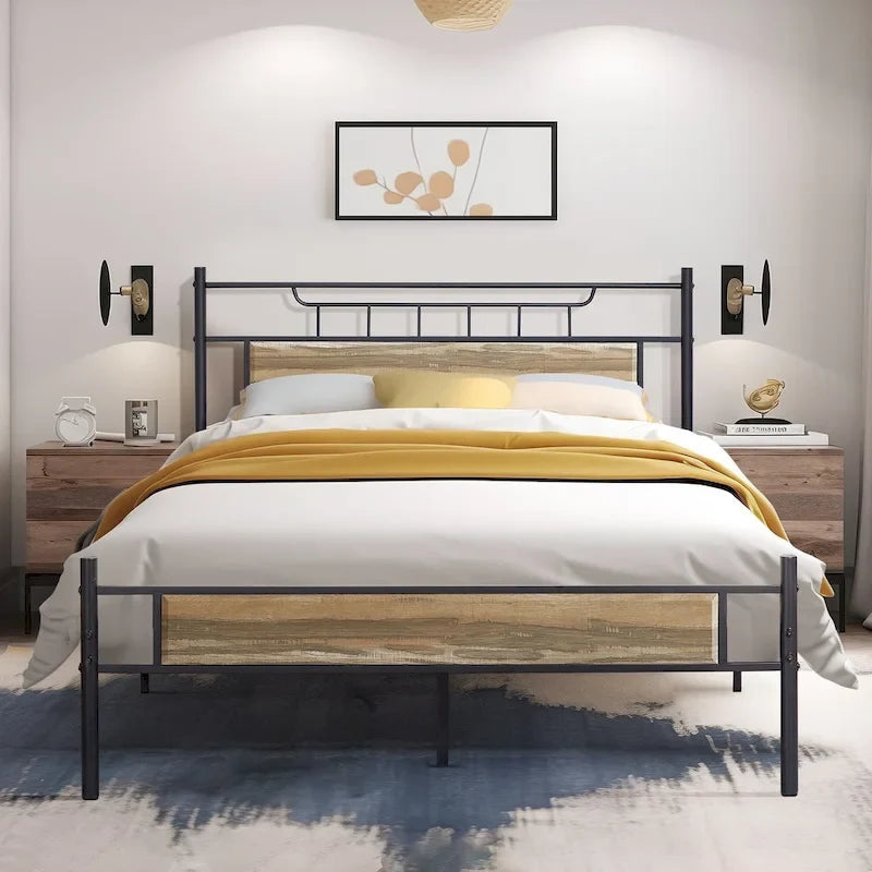 Industrial Bed Frame with Wood Headboard,Twin/Full/Queen Size Bed, Black/Brown/Slate-3 colors
