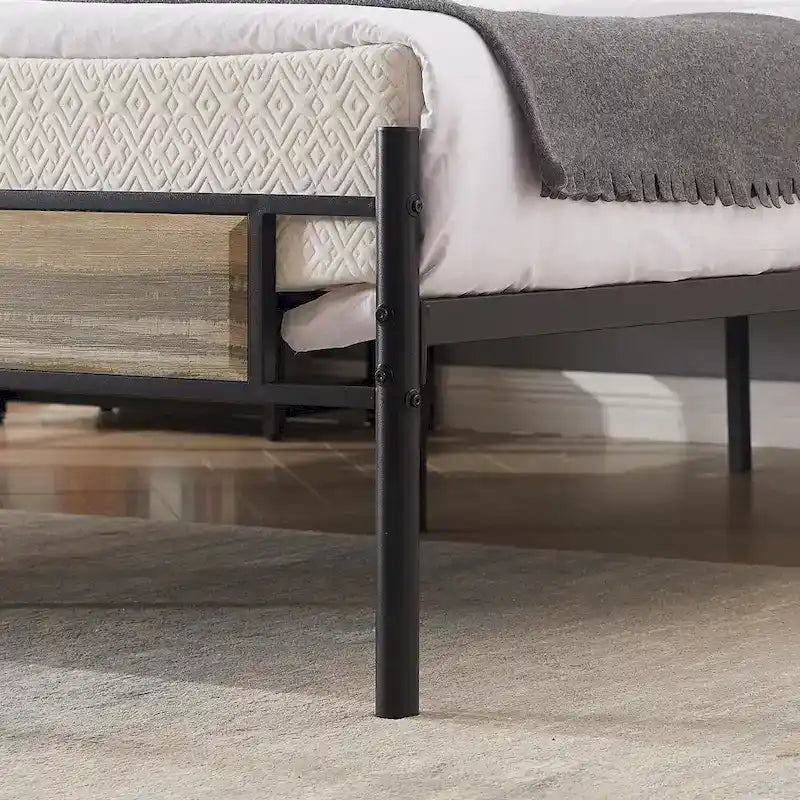 Industrial Bed Frame with Wood Headboard,Twin/Full/Queen Size Bed, Black/Brown/Slate-3 colors