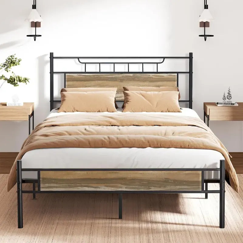 Industrial Bed Frame with Wood Headboard,Twin/Full/Queen Size Bed, Black/Brown/Slate-3 colors