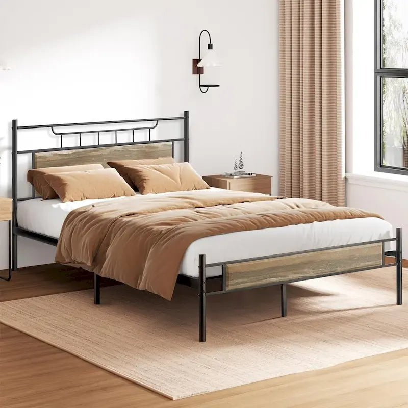 Industrial Bed Frame with Wood Headboard,Twin/Full/Queen Size Bed, Black/Brown/Slate-3 colors
