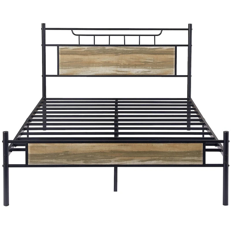 Industrial Bed Frame with Wood Headboard,Twin/Full/Queen Size Bed, Black/Brown/Slate-3 colors