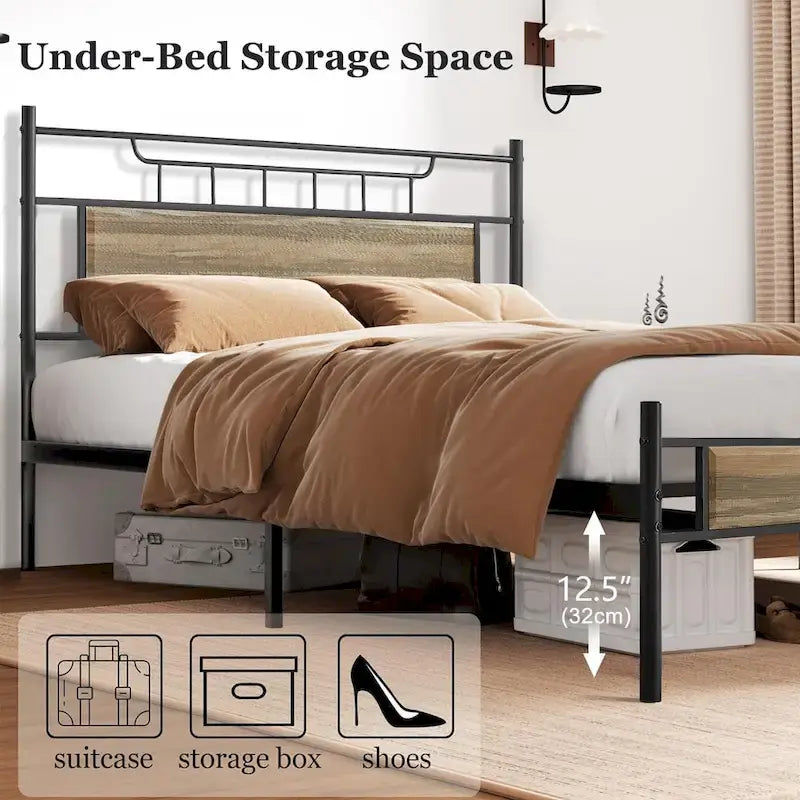 Industrial Bed Frame with Wood Headboard,Twin/Full/Queen Size Bed, Black/Brown/Slate-3 colors