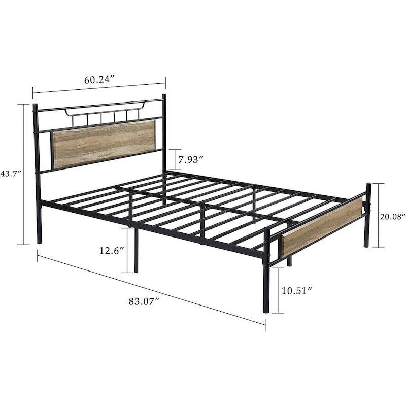 Industrial Bed Frame with Wood Headboard,Twin/Full/Queen Size Bed, Black/Brown/Slate-3 colors