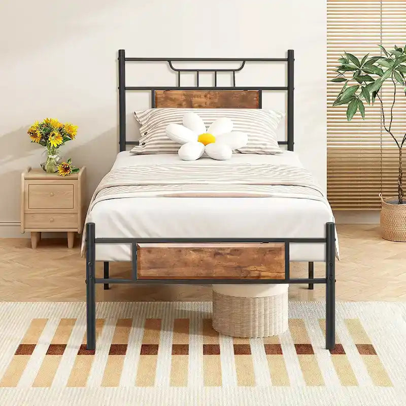 Industrial Bed Frame with Wood Headboard,Twin/Full/Queen Size Bed, Black/Brown/Slate-3 colors