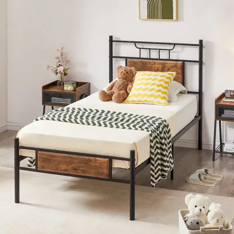 Industrial Bed Frame with Wood Headboard,Twin/Full/Queen Size Bed, Black/Brown/Slate-3 colors