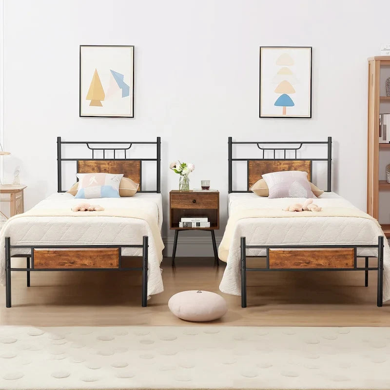 Industrial Bed Frame with Wood Headboard,Twin/Full/Queen Size Bed, Black/Brown/Slate-3 colors