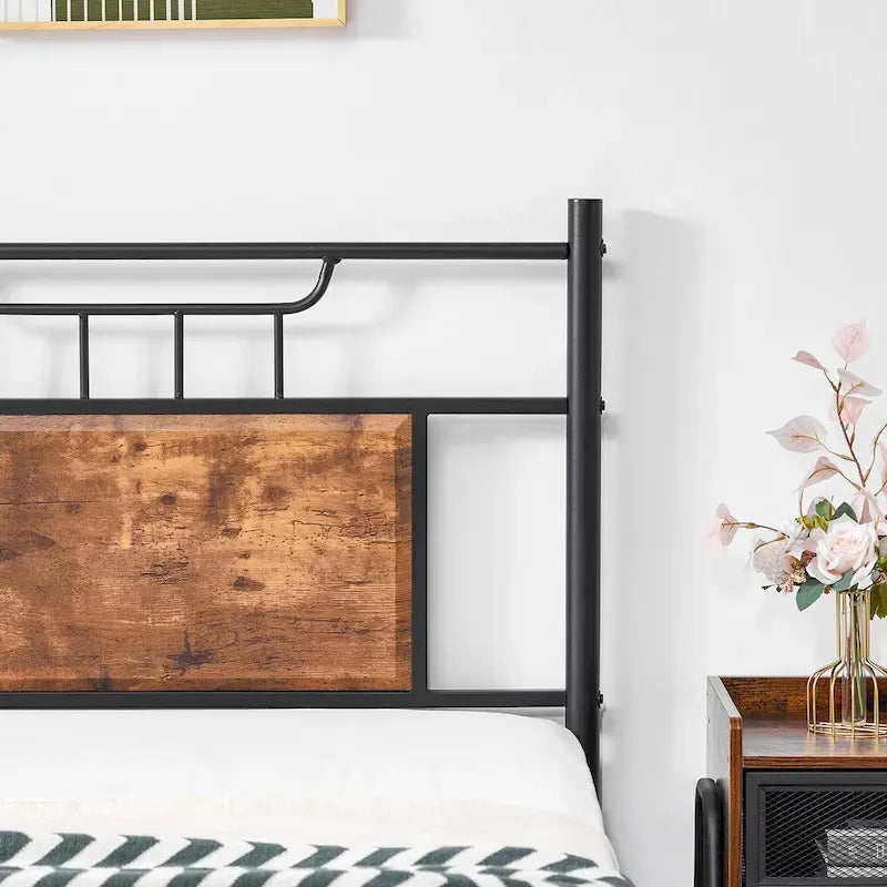 Industrial Bed Frame with Wood Headboard,Twin/Full/Queen Size Bed, Black/Brown/Slate-3 colors