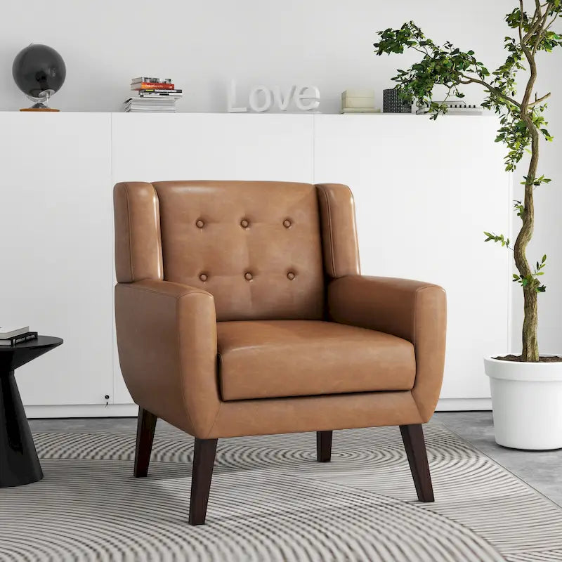 Tufted PU Leather Accent Armchair with Wood Legs