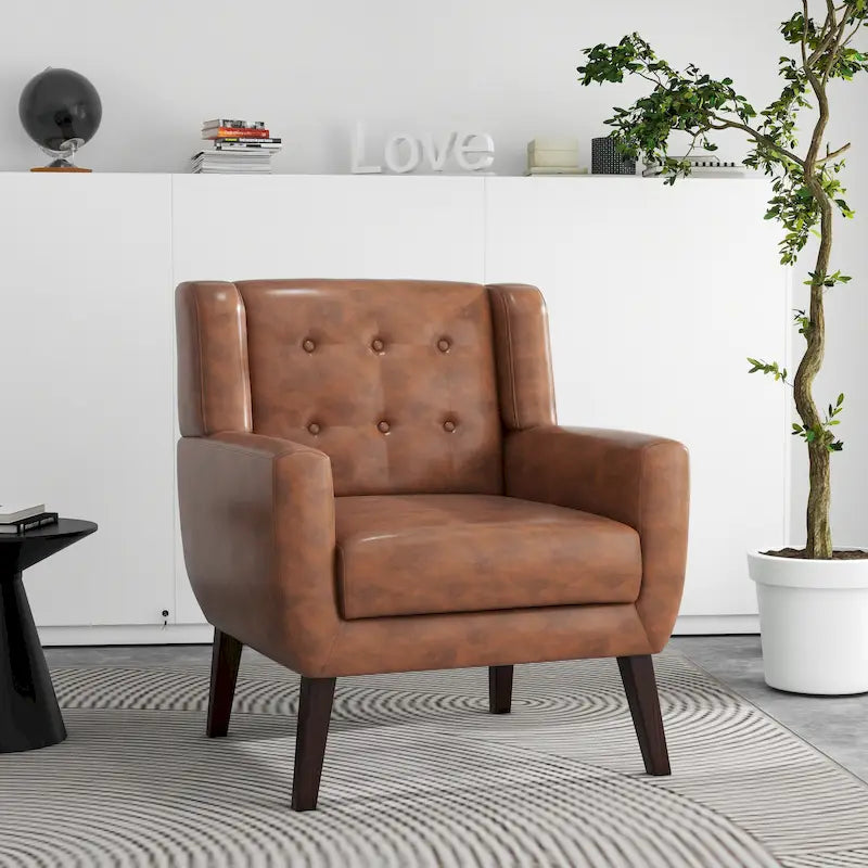 Tufted PU Leather Accent Armchair with Wood Legs