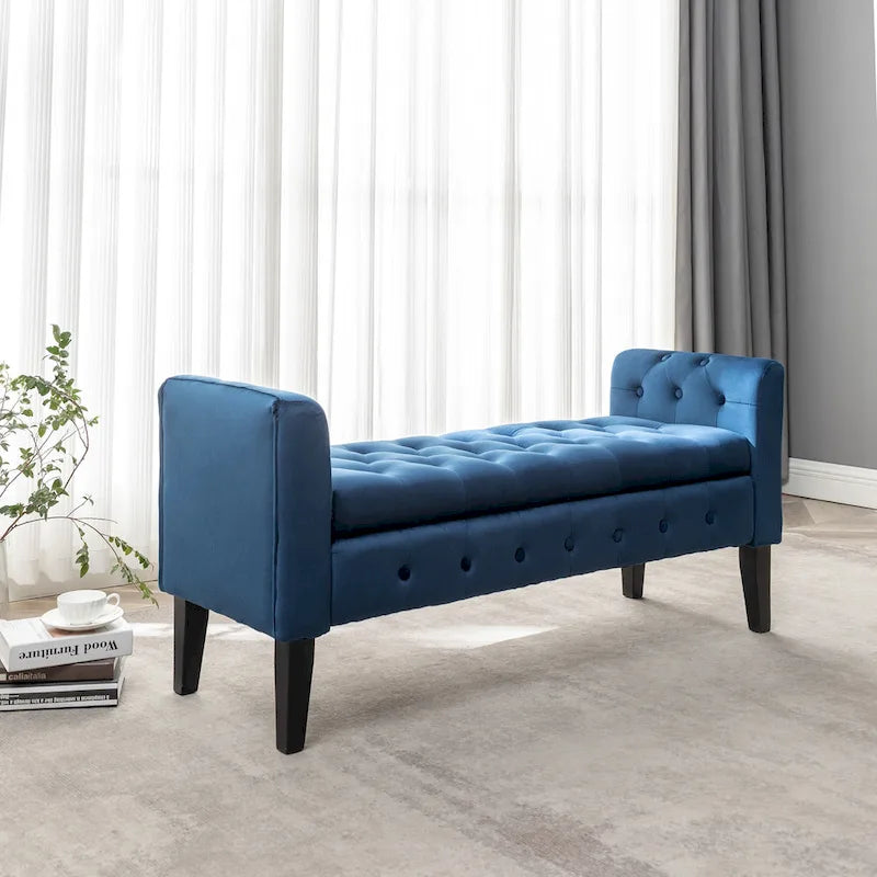 Velvet Storage Bench with Rubberwood Legs